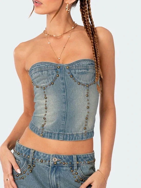 NWT Edikted Studded Washed Denim Lace-Up Corset - Picture 1 of 6